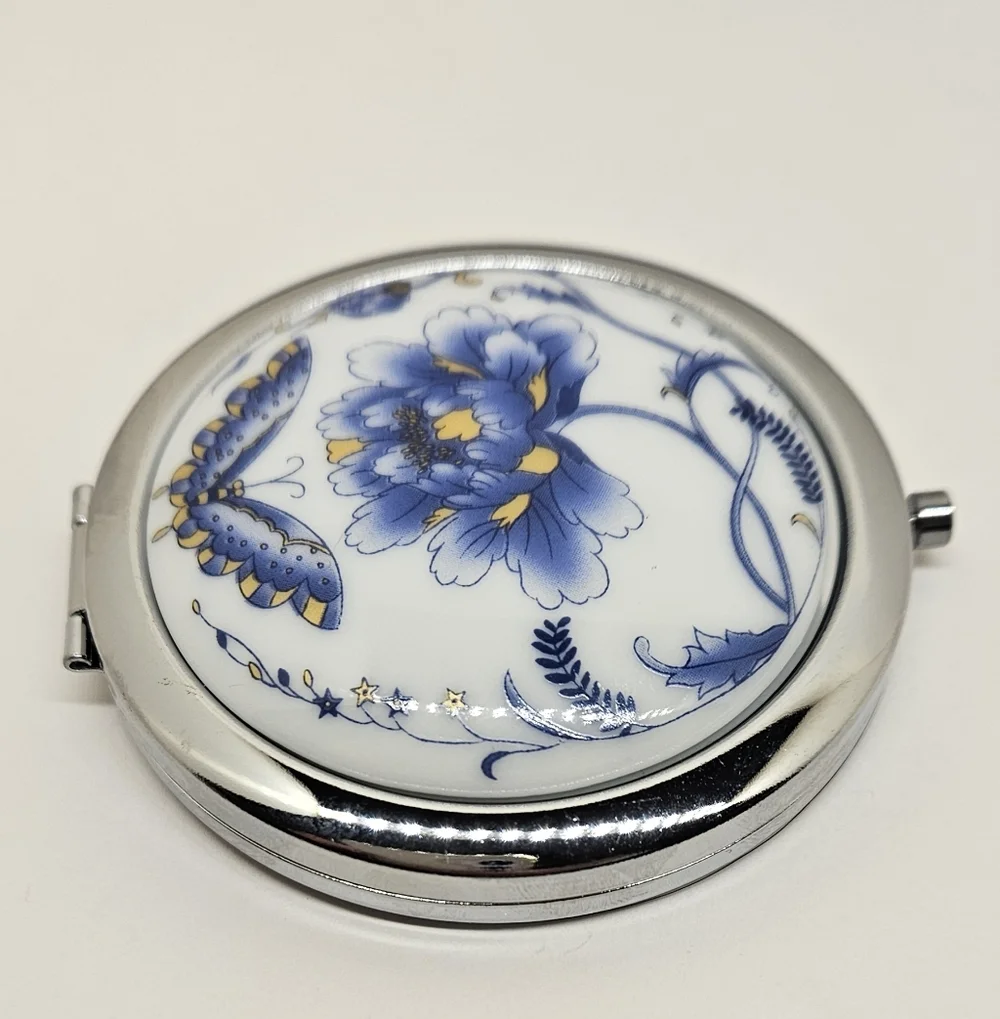 Flower Butterfly Compact Mirror Genuine Porcelain Blue White Make Up